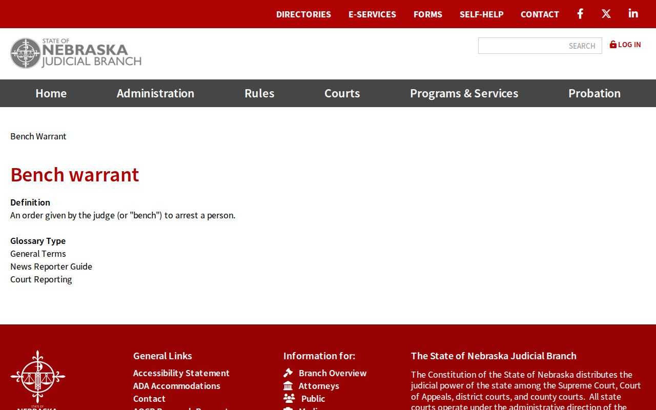 Pawnee County bench warrant records, Nebraska official definition