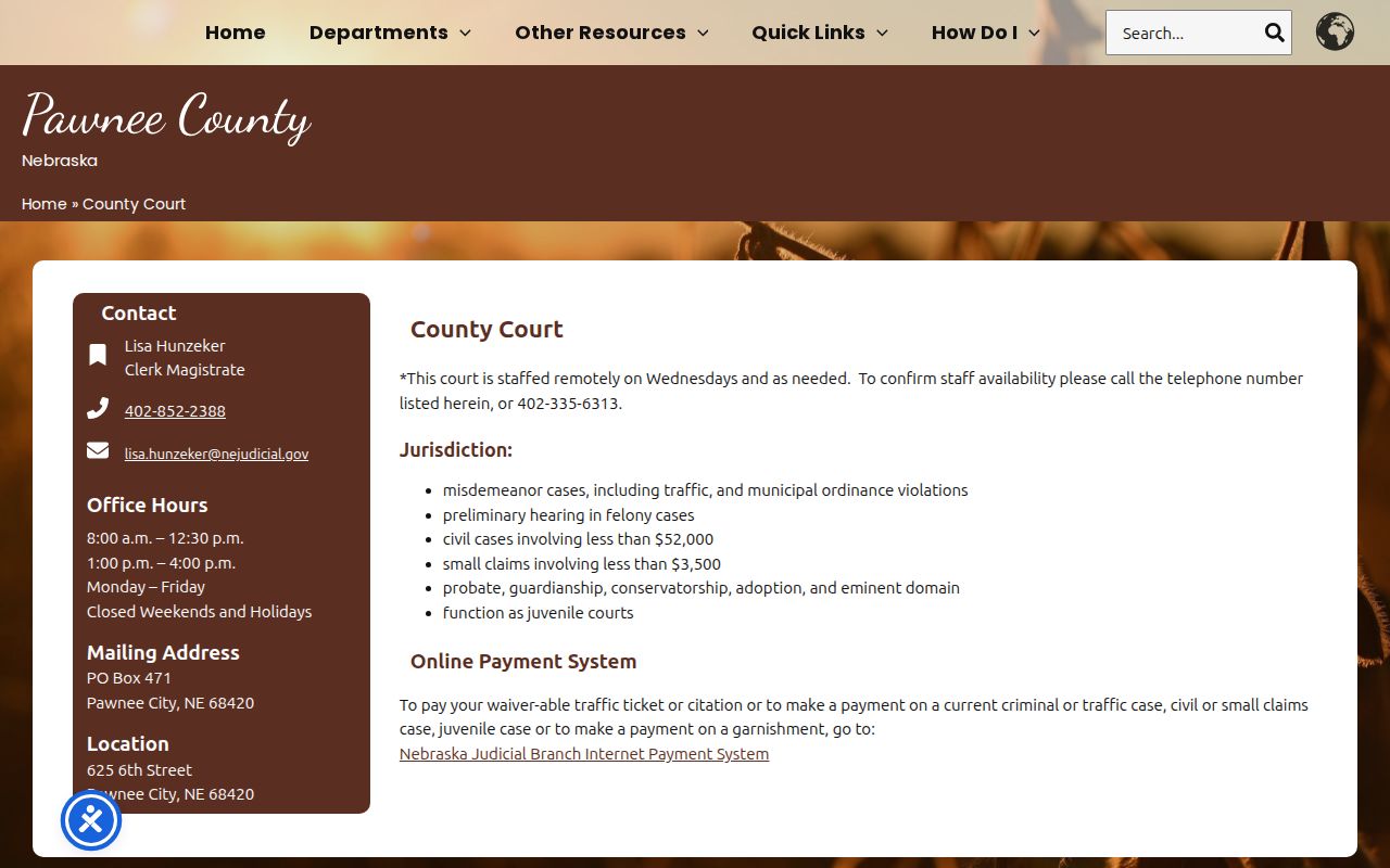 Pawnee County warrant records, County Court contact page