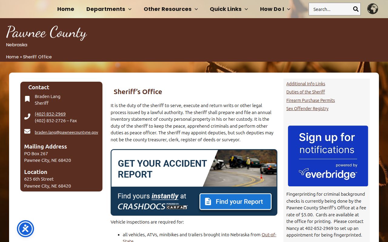 Pawnee County warrant records, Sheriff contact page